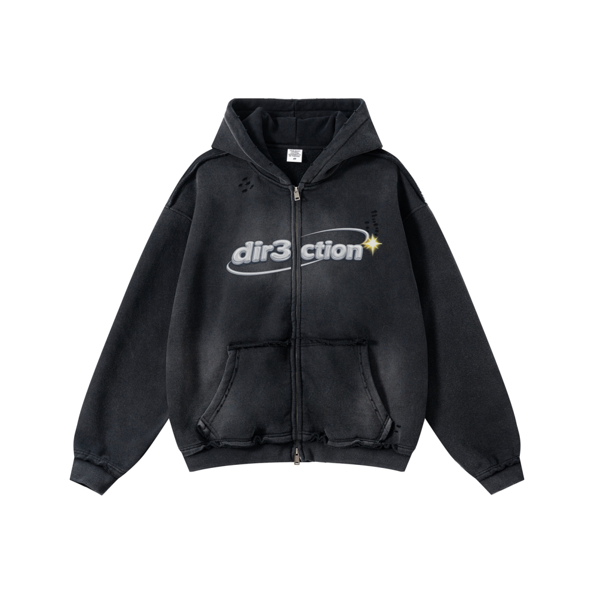 400GSM Men’s Distressed Snow-Wash Raw-Edge Zip-Up Hoodie Black
