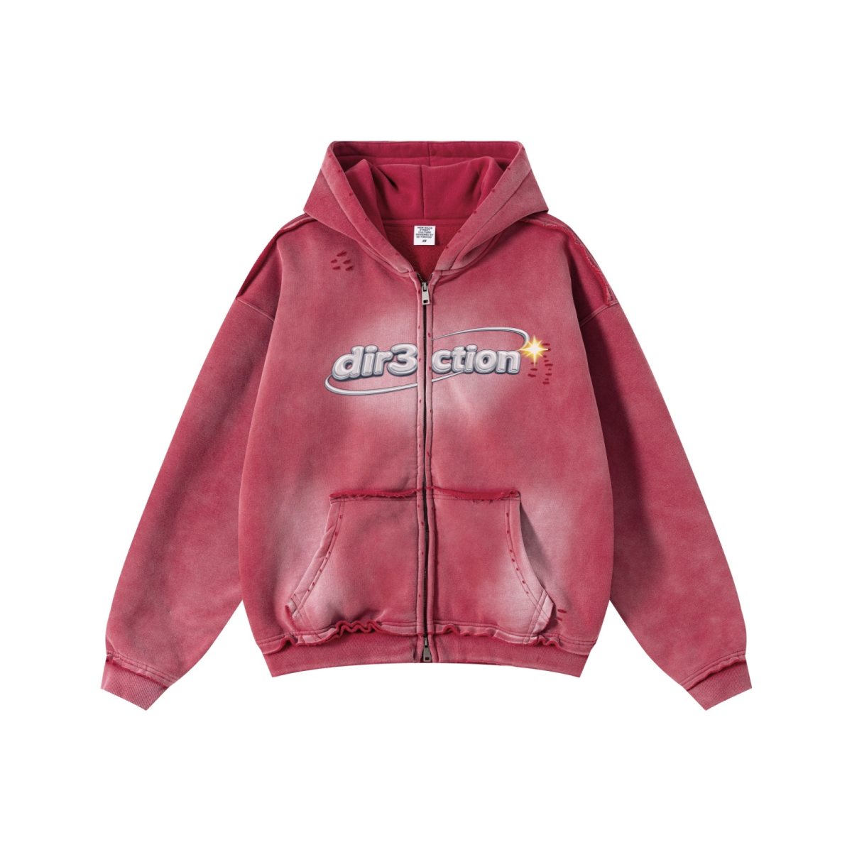 400GSM Men’s Distressed Snow-Wash Raw-Edge Zip-Up Hoodie Red