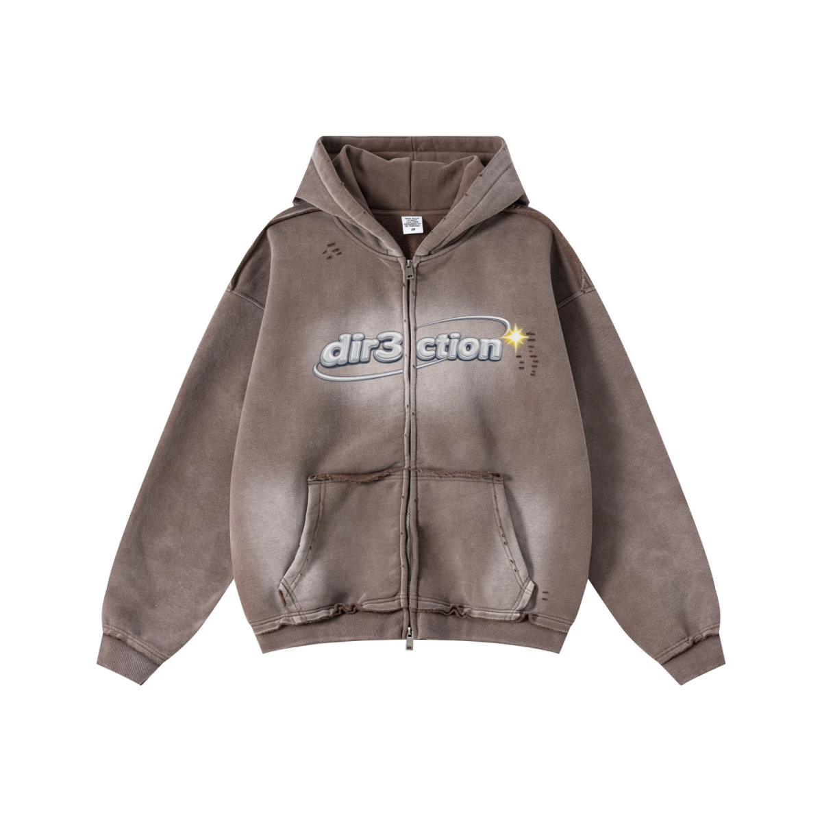 400GSM Men’s Distressed Snow-Wash Raw-Edge Zip-Up Hoodie Dark brown