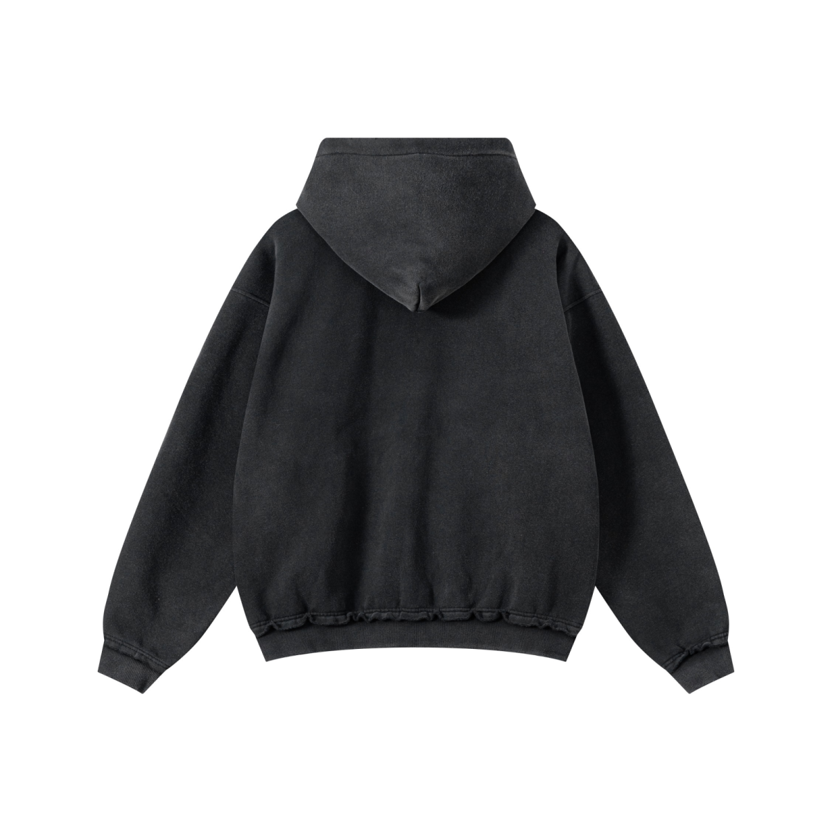 400GSM Men’s Distressed Snow-Wash Raw-Edge Zip-Up Hoodie Black